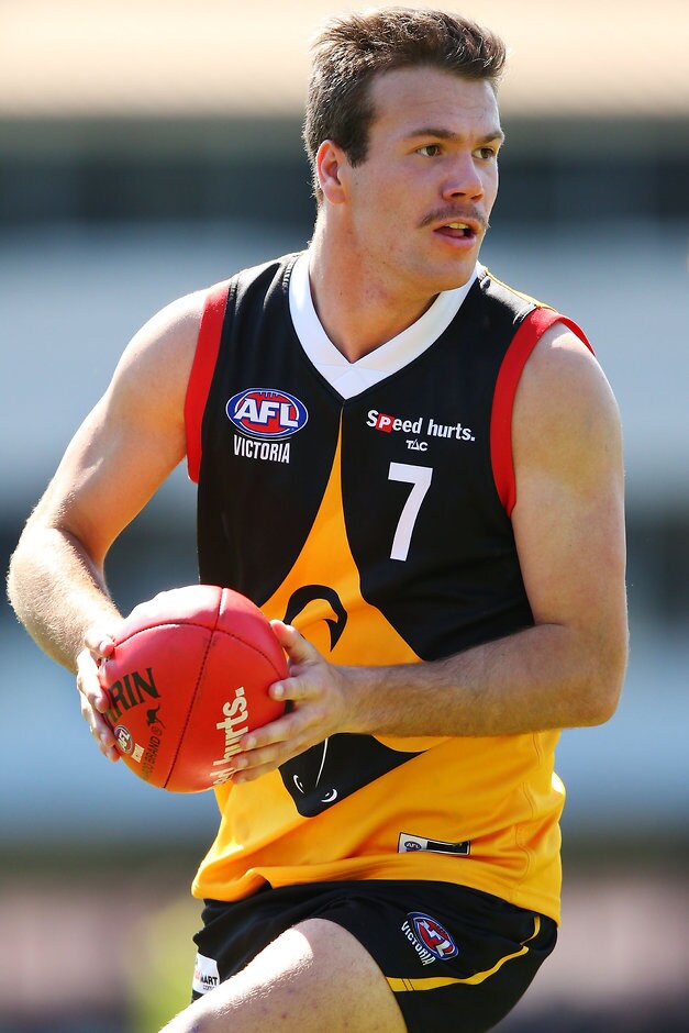 TAC 2015 Cup Semi Final - Dandenong Stingrays v Eastern Ranges MELBOURNE, AUSTRALIA - SEPTEMBER 19: Bailey Rice of the Stingrays runs with the ball during the 2015 TAC Cup Semi Final match between the Dandenong Stingrays and the Eastern Ranges at Ikon Park, Melbourne, Australia on September 19, 2015. (Photo by Michael Dodge/AFL Media)